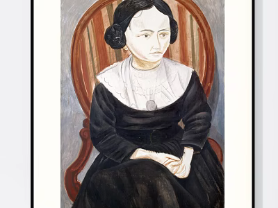 Portrait Painting of a Woman in Black Dress Seated on Striped Chair with White Collar 3d model