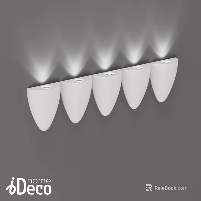 Five White Modern Wall Lamps Arranged On Gray Wall With Upward Soft Light 3d model 