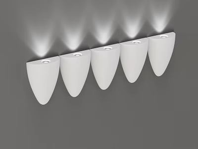 Five White Modern Wall Lamps Arranged On Gray Wall With Upward Soft Light 3d model