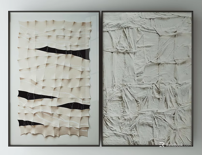Two Framed Textile Art Prints With Beige And Black Fabric Texture Design 3d model 