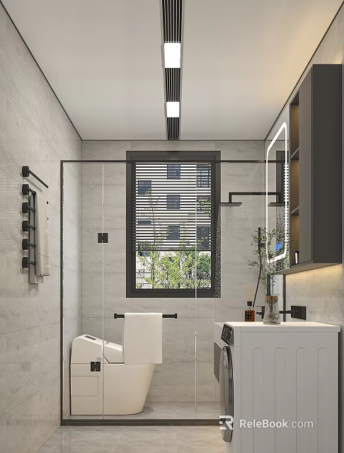 Modern Bathroom With Glass Partition Window Blinds Vanity And Towel Rack 3d model 
