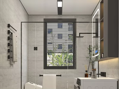 Modern Bathroom With Glass Partition Window Blinds Vanity And Towel Rack 3d model