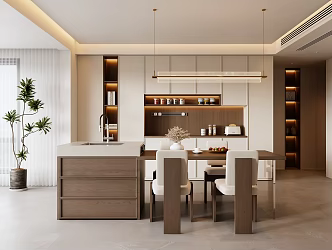 Modern Middle-style Restaurant Modern Restaurant Solid Wood Dining Table and Chair Island Table Dining Table and Chair Island Table Restaurant Middle-style Sideboard Restaurant Chandelier Type Chandelier Potted Plant 3d model