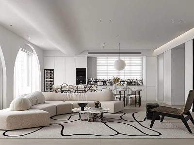 Modern Living Dining Room Interior With Beige Sofa Dining Table Pendant Light And Patterned Rug 3d model