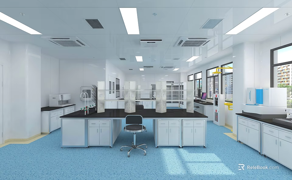 Modern Medical Clinic Interior With Lab Benches Cabinets White Walls And Blue Flooring 3d model 