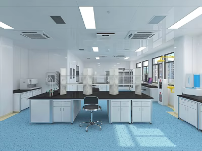 Modern Medical Clinic Interior With Lab Benches Cabinets White Walls And Blue Flooring 3d model
