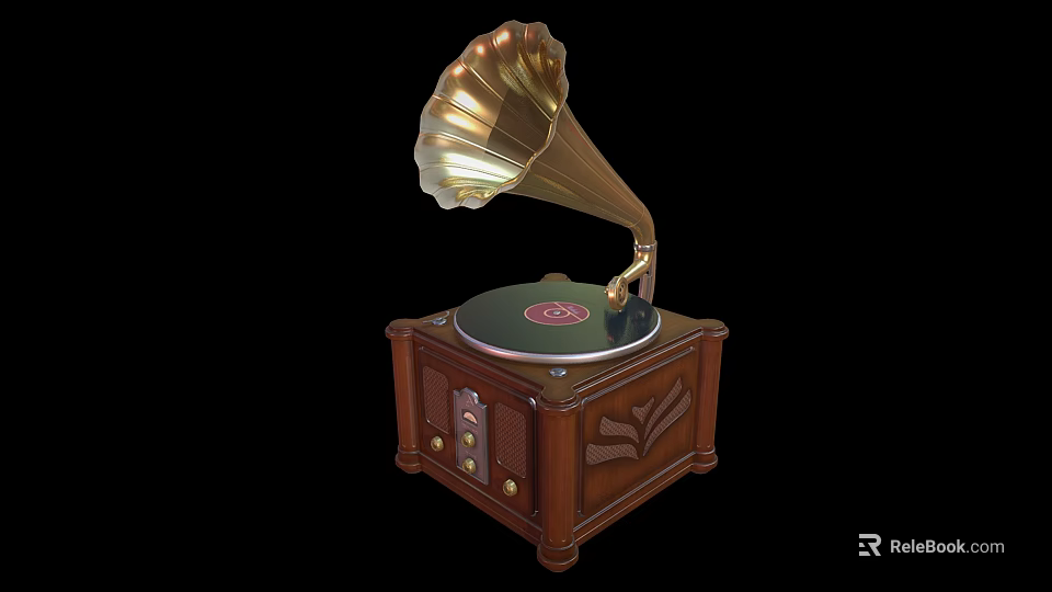 Vintage Gramophone Speaker With Wooden Cabinet Brass Horn And Black Turntable Design 3d model 