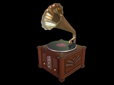 Vintage Gramophone Speaker With Wooden Cabinet Brass Horn And Black Turntable Design 3d model
