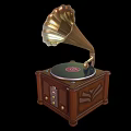 Vintage Gramophone Speaker With Wooden Cabinet Brass Horn And Black Turntable Design