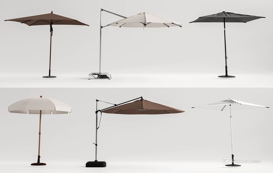 Various Patio Umbrella Styles With Brown White Black Colors And Cantilever Straight Poles 3d model 