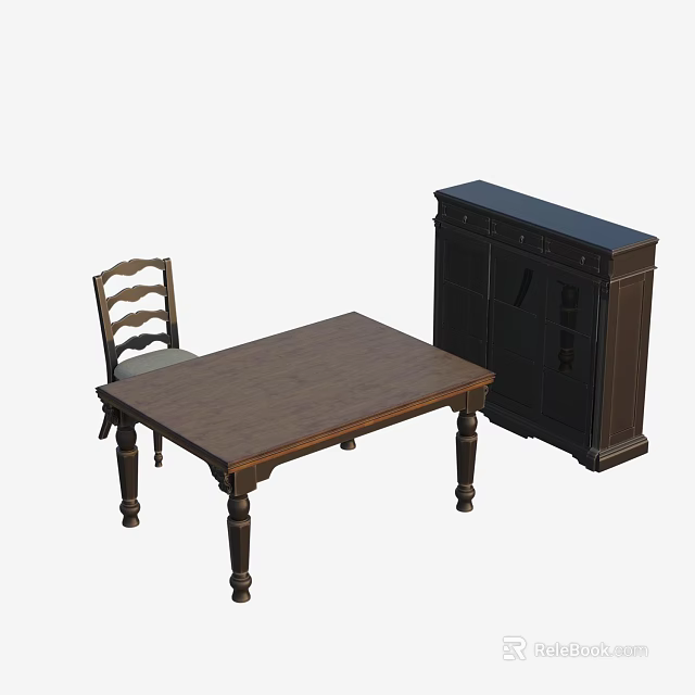 Classic Wooden Dining Table Set With Chair And Dark Storage Cabinet 3d model 