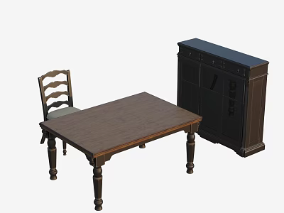 Classic Wooden Dining Table Set With Chair And Dark Storage Cabinet 3d model