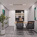 Public Office Space With Modern Desks Computers Linear Ceiling Lights And Decorative Artworks