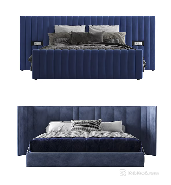 Blue Velvet Double Bed With Tufted Headboard And Comfortable Bedding Set 3d model