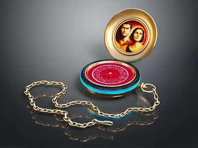 Open Gold Rimmed Pocket Watch With Red Interior Photo And Chain 3d model