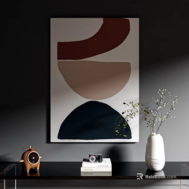 Abstract Painting With Red Beige Navy Blue Geometric Shapes And White Vase Plants Vintage Camera 3d model 