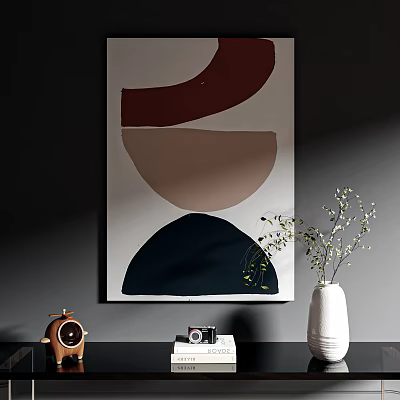 Abstract Painting With Red Beige Navy Blue Geometric Shapes And White Vase Plants Vintage Camera 3d model