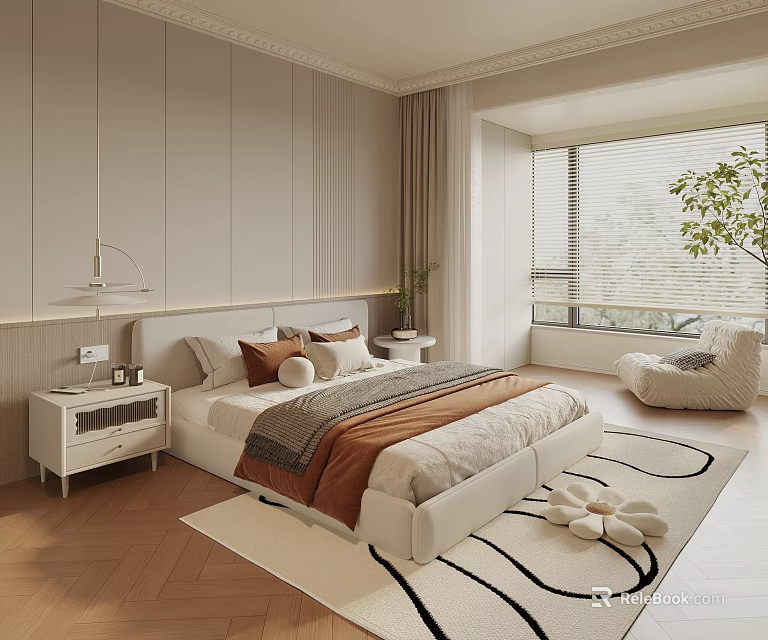 Modern Bedroom Interior With Beige Walls Wooden Flooring Large Bed Accent Chair And Rug 3d model 