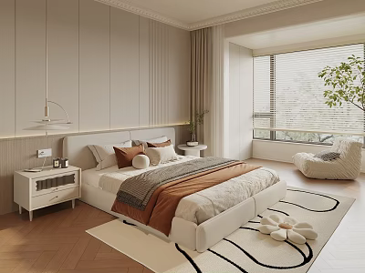Modern Bedroom Interior With Beige Walls Wooden Flooring Large Bed Accent Chair And Rug 3d model