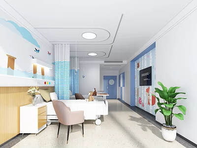 Pediatric Hospital Ward With Cartoon Decor Blue Walls Bed TV And Green Plant 3d model