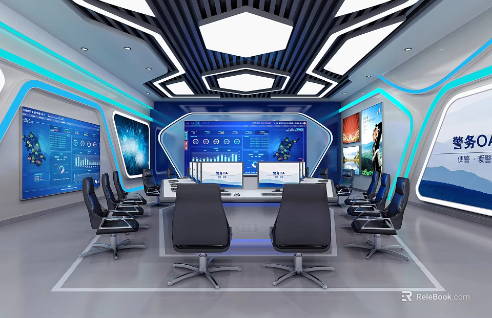 Modern Monitoring Control Room With Multiple Screens Control Consoles And Ergonomic Chairs 3d model 