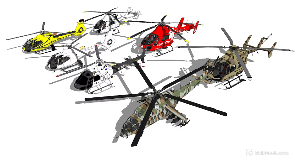 Various Colored Military And Civilian Helicopters Showing Different Models And Designs 3d model 