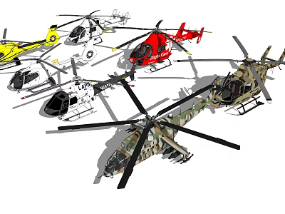 Various Colored Military And Civilian Helicopters Showing Different Models And Designs 3d model