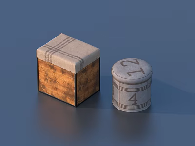 Household Items Square Wooden Box With Striped Lid And Round Gray Canister With Numbers 3d model