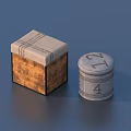 Household Items Square Wooden Box With Striped Lid And Round Gray Canister With Numbers
