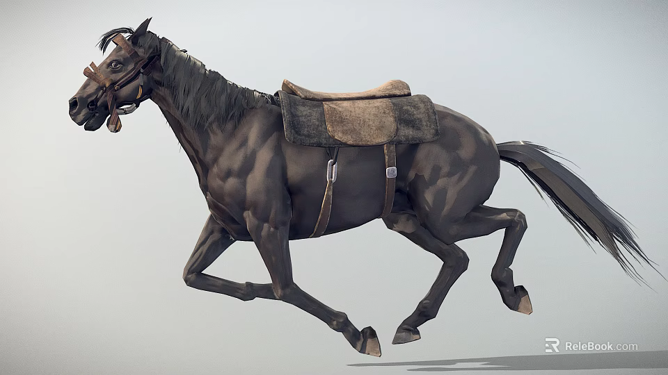 Detailed Black Horse Galloping With Saddle And Bridle In Motion 3d model 