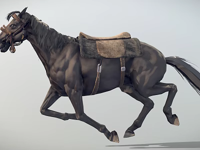 Detailed Black Horse Galloping With Saddle And Bridle In Motion 3d model