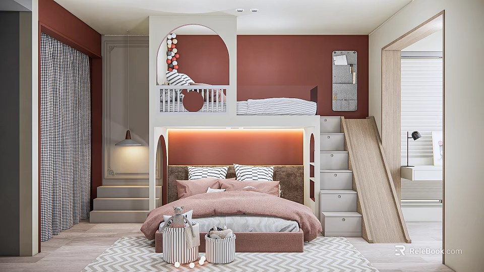 Colorful Kids Room Interior With Bunk Bed Slide Staircase Drawers And Red Wall Decor 3d model 