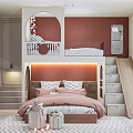 Colorful Kids Room Interior With Bunk Bed Slide Staircase Drawers And Red Wall Decor