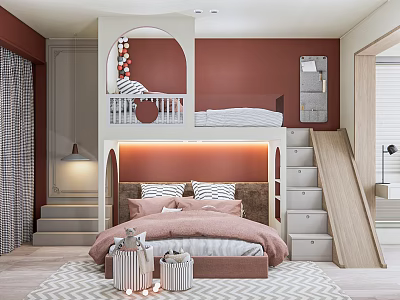 Colorful Kids Room Interior With Bunk Bed Slide Staircase Drawers And Red Wall Decor 3d model