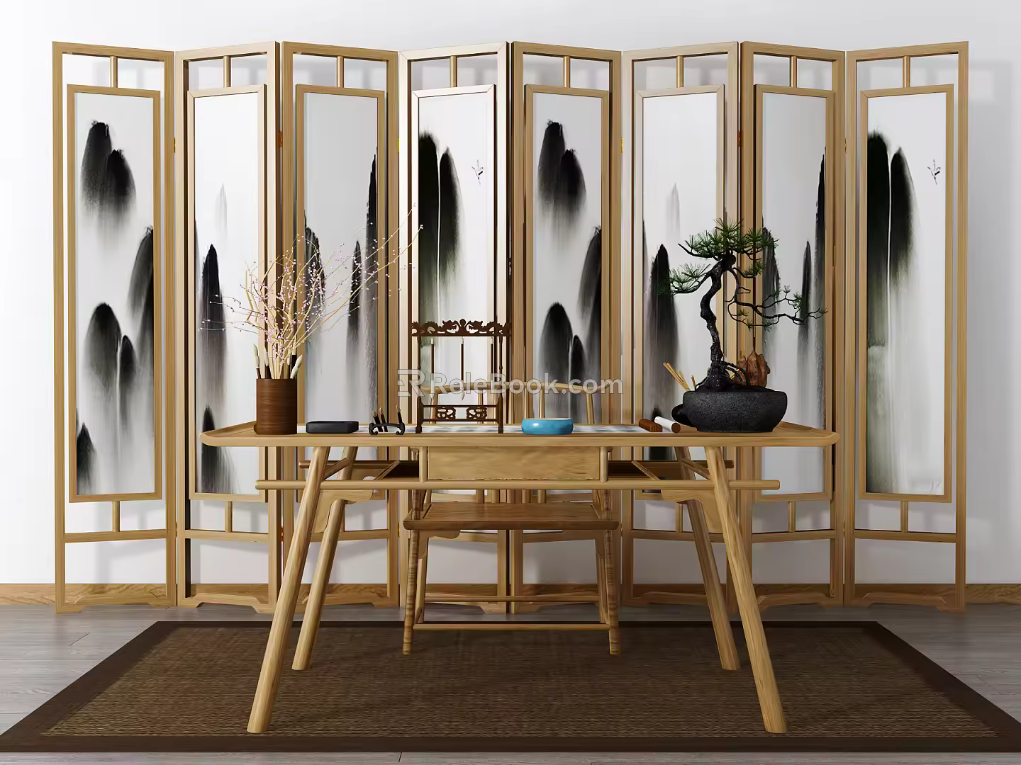 New Chinese Style Desk and Chair Desk Screen Combination 3d model