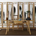 New Chinese Style Desk and Chair Desk Screen Combination 3d model