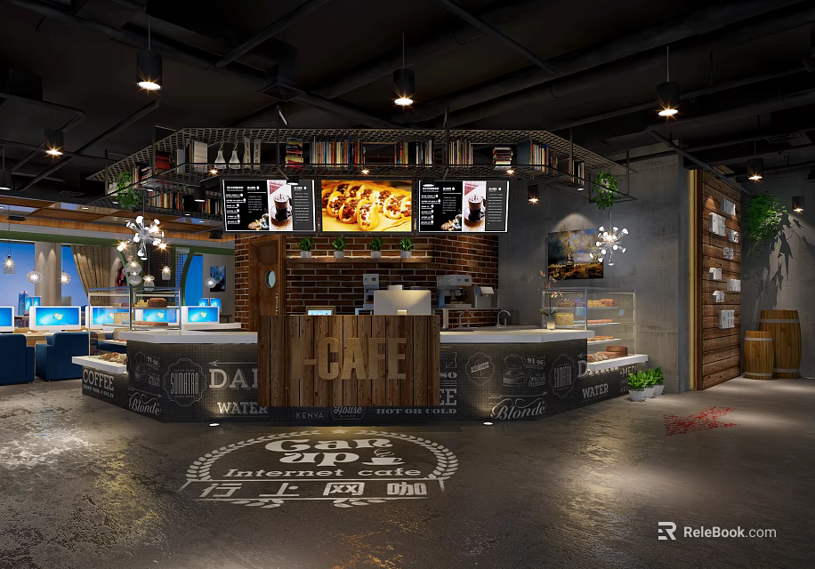 Modern Internet Cafe Interior With Gaming Computers Comfortable Seating Bar Counter And Ambient Lighting 3d model