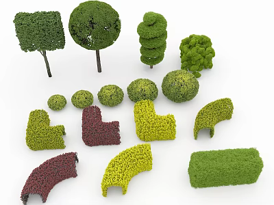 Various Shaped Garden Shrubs In Green Yellow Red And Geometric Designs 3d model
