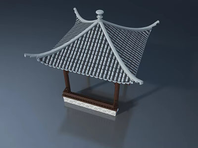 Elegant Traditional Swing Door with Gray Tile Roof and Brown Wooden Frame 3d model