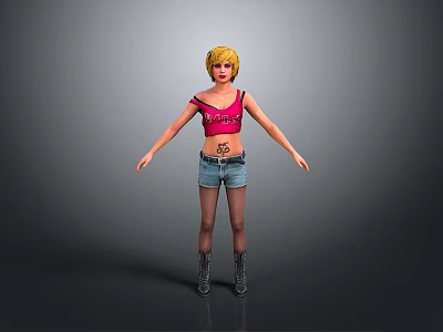 Woman With Blonde Short Hair In Pink Sequined Crop Top Denim Shorts And Black Boots 3d model