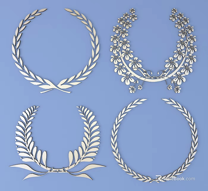 Carved Wreath Decorations With Leaf And Flower Patterns On Blue Background 3d model 