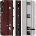 Modern Security Doors with Dark Red Wood Grain and Light Gray Curved Glass Design