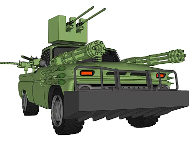 Green Utility Vehicle Equipped with Turret Missile Launchers Front Bumper and Large Off Road Wheels 3d model