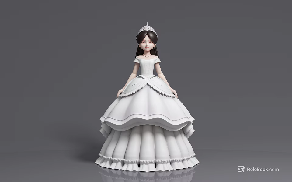 Elegant Woman In Flowy White Princess Gown With Tiara Standing On Gray Background 3d model 