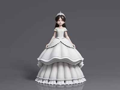 Elegant Woman In Flowy White Princess Gown With Tiara Standing On Gray Background 3d model