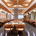 Traditional Wooden Restaurant Interior With Tables Chairs Pendant Lights And Display Counter