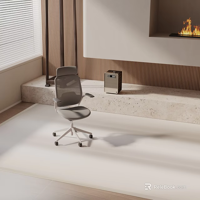 Modern Mesh Back Office Chair with Five Wheels in Comfortable Minimalist Interior Near Fireplace and Small Cabinet 3d model 