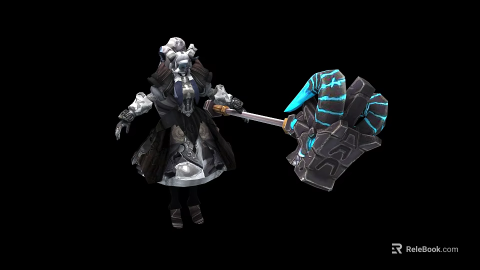 Fantasy Game Character With Mechanical Armored Costume And Large Glowing Blue Hammer 3d model 