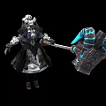 Fantasy Game Character With Mechanical Armored Costume And Large Glowing Blue Hammer