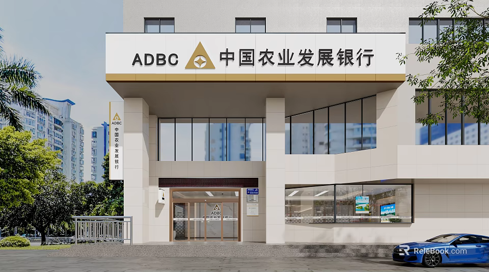 ADBC Bank Modern Exterior Building In Urban Area With Glass Windows And Trees 3d model 